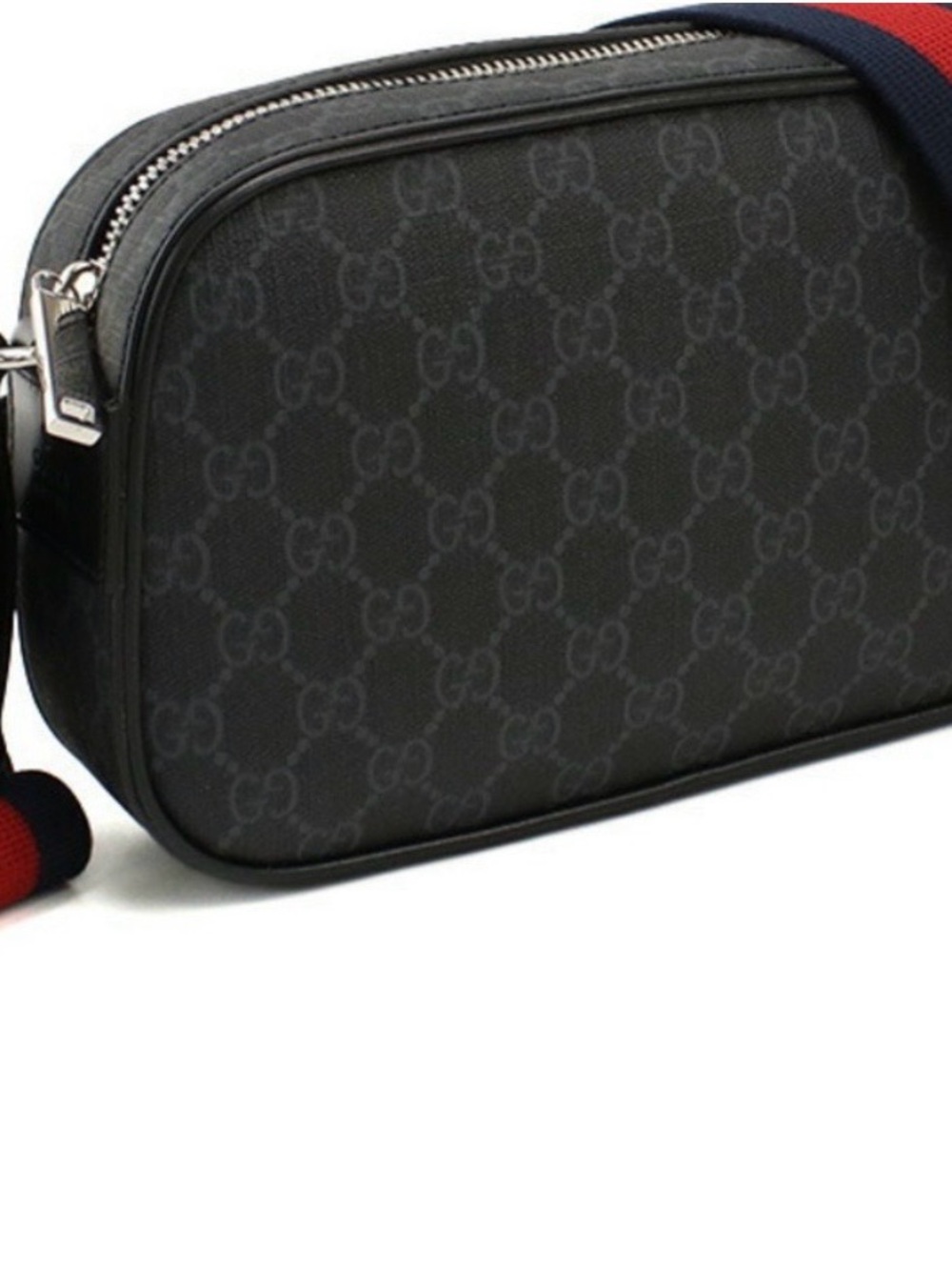 Gucci Black GG Supreme Canvas Crossbody with Red & Blue Web Strap